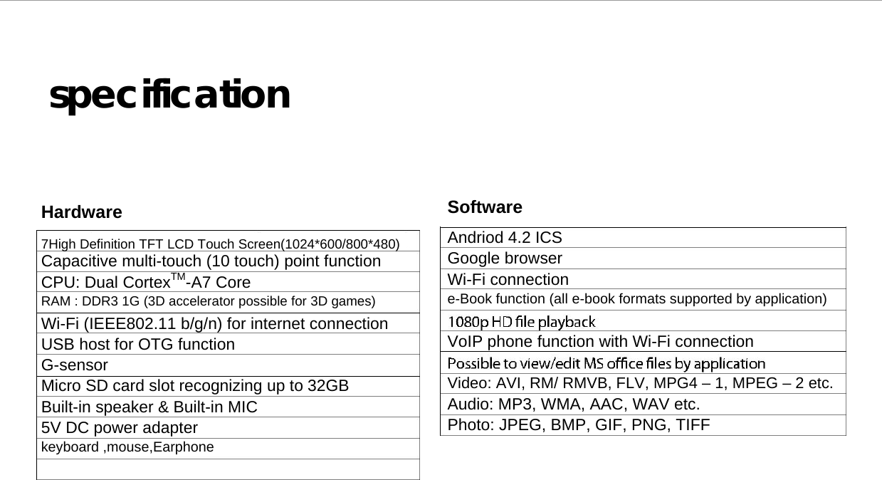  specification      Hardware  7High Definition TFT LCD Touch Screen(1024*600/800*480) Capacitive multi-touch (10 touch) point function  CPU: Dual CortexTM-A7 Core  RAM : DDR3 1G (3D accelerator possible for 3D games)  Wi-Fi (IEEE802.11 b/g/n) for internet connection  USB host for OTG function  G-sensor  Micro SD card slot recognizing up to 32GB  Built-in speaker &amp; Built-in MIC  5V DC power adapter  keyboard ,mouse,Earphone       Software  Andriod 4.2 ICS  Google browser  Wi-Fi connection  e-Book function (all e-book formats supported by application)  VoIP phone function with Wi-Fi connection  Video: AVI, RM/ RMVB, FLV, MPG4 – 1, MPEG – 2 etc.  Audio: MP3, WMA, AAC, WAV etc.  Photo: JPEG, BMP, GIF, PNG, TIFF  