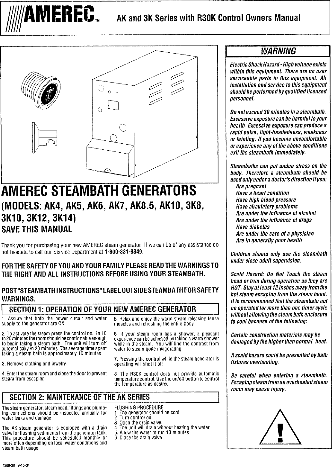 Page 1 of 2 - Amerec Amerec-Steambath-Generator-3K12-Users-Manual-  Amerec-steambath-generator-3k12-users-manual