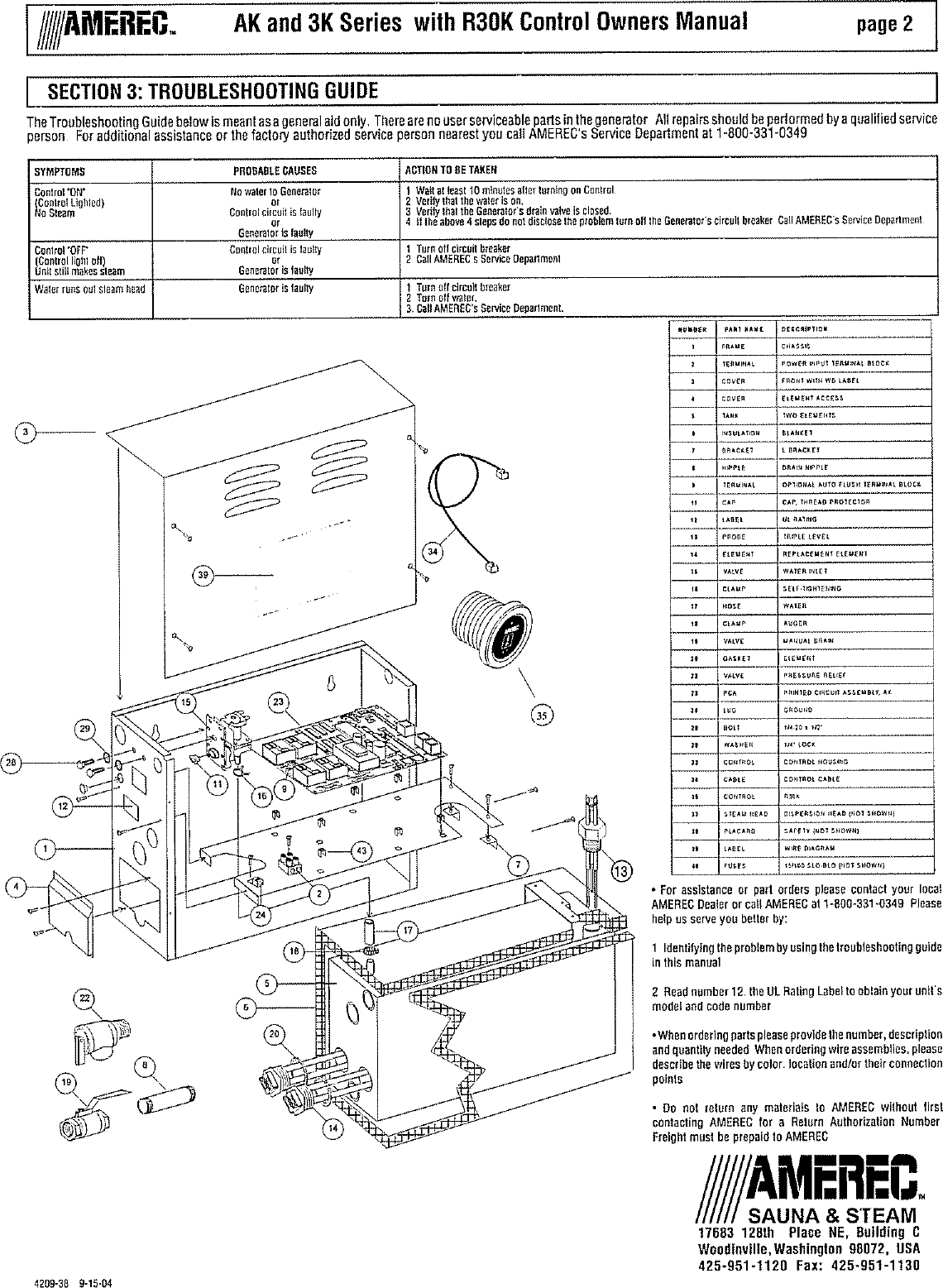 Page 2 of 2 - Amerec Amerec-Steambath-Generator-3K12-Users-Manual-  Amerec-steambath-generator-3k12-users-manual
