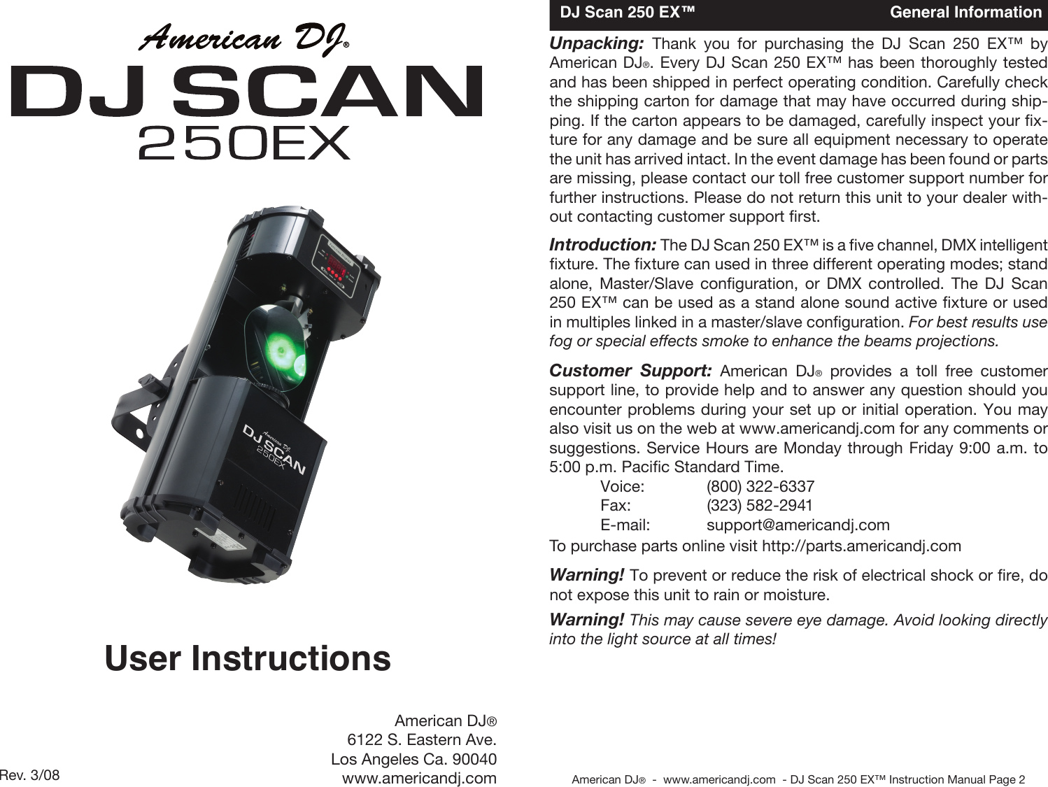 Page 1 of 10 - American-Dj American-Dj-Dj-Scan-250Ex-Users-Manual-  American-dj-dj-scan-250ex-users-manual