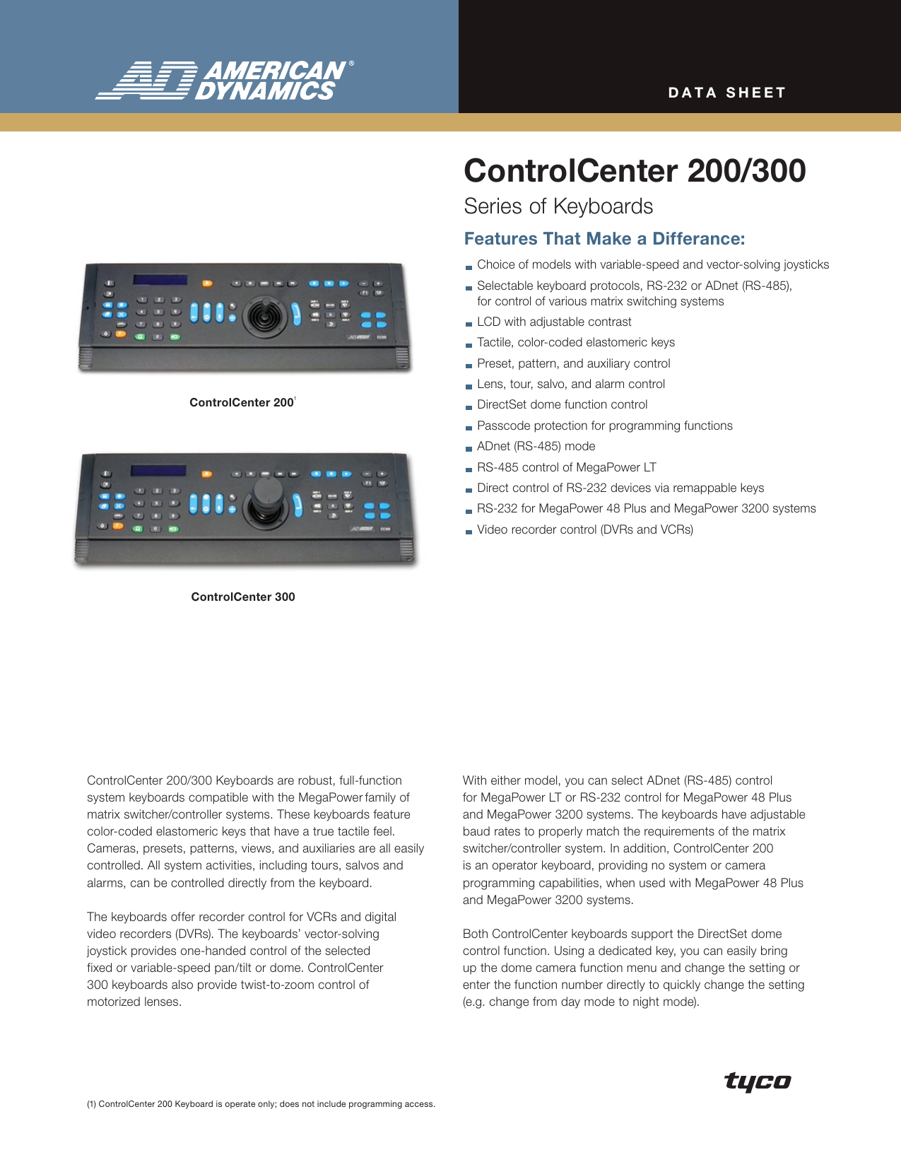 American Dynamics Controlcenter 200 300 Series Users Manual Control Center 200 300 Data Sheet English Lt