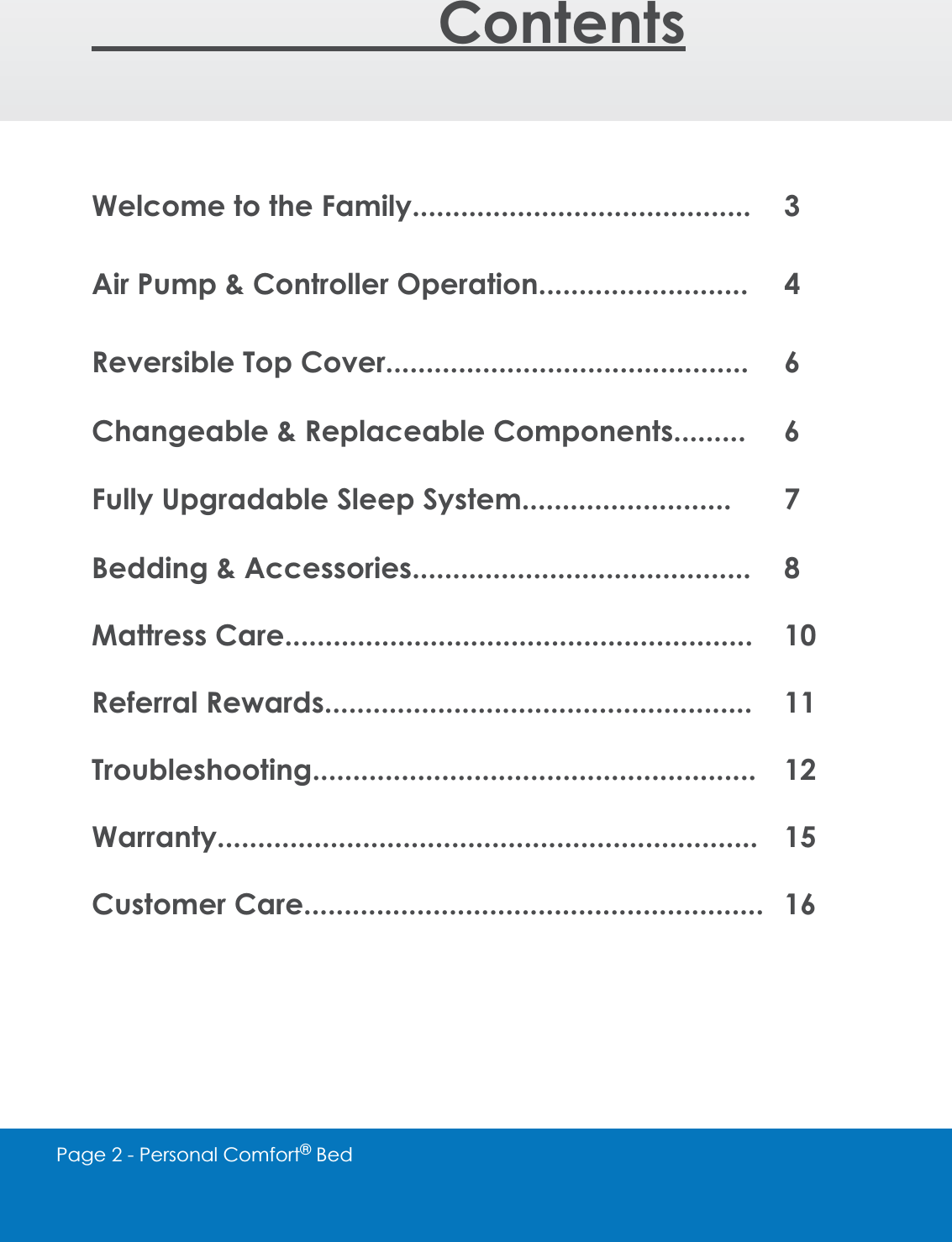 Page 2 - Personal Comfort&reg; BedContentsWelcome to the Family.......................................... 3Air Pump &amp; Controller Operation.......................... 4Reversible Top Cover............................................. 6Changeable &amp; Replaceable Components......... 6Fully Upgradable Sleep System.......................... 7Bedding &amp; Accessories.......................................... 8Mattress Care.......................................................... 10Referral Rewards..................................................... 11Troubleshooting....................................................... 12Warranty................................................................... 15Customer Care......................................................... 16