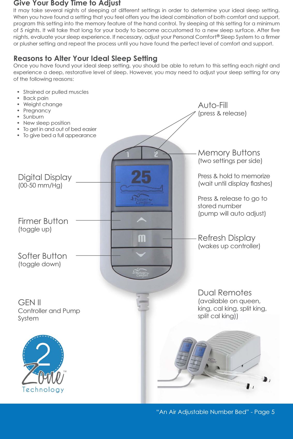 &ldquo;An Air Adjustable Number Bed&rdquo; - 3DJHAuto-Fill(press &amp; release)Memory Buttons(two settings per side)Press &amp; hold to memorizeZDLWXQWLOGLVSOD\&Aacute;DVKHVPress &amp; release to go to stored number(pump will auto adjust)Refresh Display (wakes up controller)Dual RemotesDYDLODEOHRQTXHHQking, cal king, split king,split cal king))Digital DisplayPP+JFirmer Button(toggle up)Softer Button(toggle down)GEN IIController and Pump SystemGive Your Body Time to AdjustIt may take several nights of sleeping at different settings in order to determine your ideal sleep setting. When you have found a setting that you feel offers you the ideal combination of both comfort and support, program this setting into the memory feature of the hand control. Try sleeping at this setting for a minimum RIQLJKWV,WZLOOWDNHWKDWORQJIRU\RXUERG\WREHFRPHDFFXVWRPHGWRDQHZVOHHSVXUIDFH$IWHU&Agrave;YHnights, evaluate your sleep experience. If necessary, adjust your Personal Comfort&reg;6OHHS6\VWHPWRD&Agrave;UPHUor plusher setting and repeat the process until you have found the perfect level of comfort and support.Reasons to Alter Your Ideal Sleep SettingOnce you have found your ideal sleep setting, you should be able to return to this setting each night and H[SHULHQFHDGHHSUHVWRUDWLYHOHYHORIVOHHS+RZHYHU\RXPD\QHHGWRDGMXVW\RXUVOHHSVHWWLQJIRUDQ\of the following reasons: Strained or pulled muscles Back pain Weight change Pregnancy Sunburn New sleep position To get in and out of bed easier To give bed a full appearance