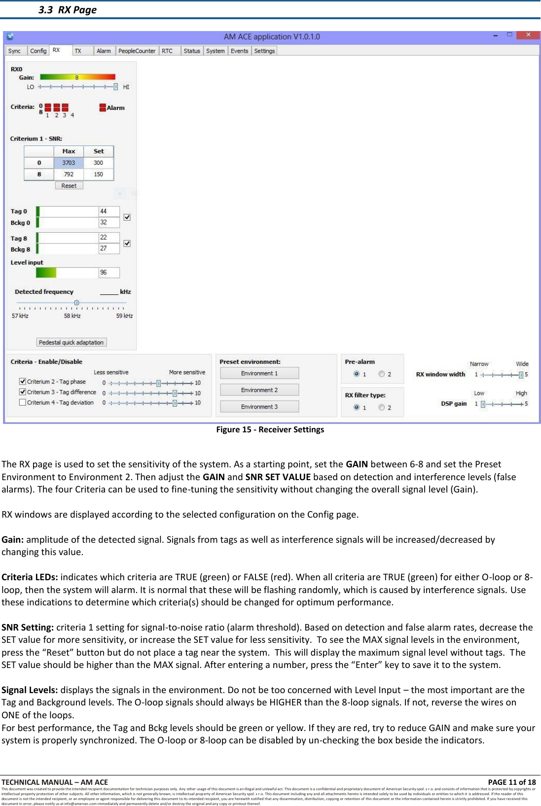 TECHNICAL MANUAL &ndash; AM ACE PAGE 11 of 18   This document was created to provide the intended recipient documentation for technician purposes only. Any other usage of this document is an illegal and unlawful act. This document is a confidential and proprietary document of American Security spol. s r.o. and consists of information that is protected by copyrights or intellectual property protection of other subjects. All other information, which is not generally known, is intellectual prop erty of American Security spol. s r.o. This document including any and all attachments hereto is intended solely to be used by individuals or entities to which it is addressed. If the reader of this document is not the intended recipient, or an employee or agent responsible for delivering this document to its intended recipient, you are herewith notified that any dissemination, distribution, copying or retention of this document or the information contained herein is strictly prohibited. If you have received this document in error, please notify us at info@amersec.com immediately and permanently delete and/or destroy the original and any copy or printout thereof.  3.3 RX Page                                       Figure 15 - Receiver Settings   The RX page is used to set the sensitivity of the system. As a starting point, set the GAIN between 6-8 and set the Preset Environment to Environment 2. Then adjust the GAIN and SNR SET VALUE based on detection and interference levels (false alarms). The four Criteria can be used to fine-tuning the sensitivity without changing the overall signal level (Gain).  RX windows are displayed according to the selected configuration on the Config page.  Gain: amplitude of the detected signal. Signals from tags as well as interference signals will be increased/decreased by changing this value.  Criteria LEDs: indicates which criteria are TRUE (green) or FALSE (red). When all criteria are TRUE (green) for either O-loop or 8- loop, then the system will alarm. It is normal that these will be flashing randomly, which is caused by interference signals. Use these indications to determine which criteria(s) should be changed for optimum performance.  SNR Setting: criteria 1 setting for signal-to-noise ratio (alarm threshold). Based on detection and false alarm rates, decrease the SET value for more sensitivity, or increase the SET value for less sensitivity.  To see the MAX signal levels in the environment, press the &ldquo;Reset&rdquo; button but do not place a tag near the system.  This will display the maximum signal level without tags.  The SET value should be higher than the MAX signal. After entering a number, press the &ldquo;Enter&rdquo; key to save it to the system.  Signal Levels: displays the signals in the environment. Do not be too concerned with Level Input &ndash; the most important are the Tag and Background levels. The O-loop signals should always be HIGHER than the 8-loop signals. If not, reverse the wires on ONE of the loops. For best performance, the Tag and Bckg levels should be green or yellow. If they are red, try to reduce GAIN and make sure your system is properly synchronized. The O-loop or 8-loop can be disabled by un-checking the box beside the indicators. 