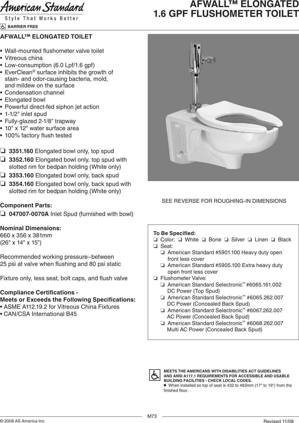 Page 1 of 2 - American-Standard American-Standard-Afwall-Elongated-1-6-Gpf-Elongated-Toilet-3351-160-Users-Manual-  American-standard-afwall-elongated-1-6-gpf-elongated-toilet-3351-160-users-manual