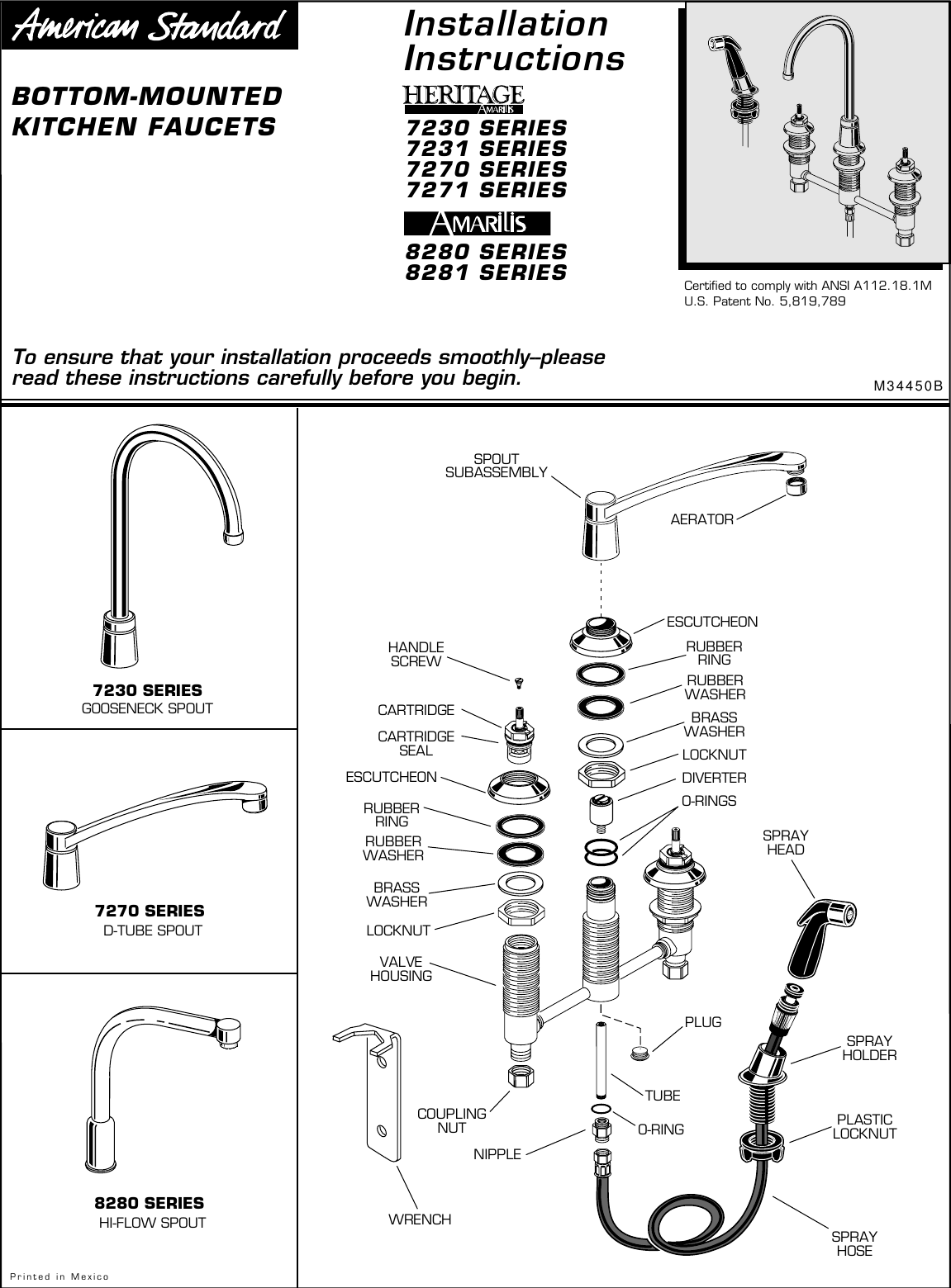 Page 1 of 2 - American-Standard American-Standard-Amarilis-Heritage-Kitchen-Faucet-8280-Users-Manual- M34450B HERT KITCHEN BTM MT  American-standard-amarilis-heritage-kitchen-faucet-8280-users-manual