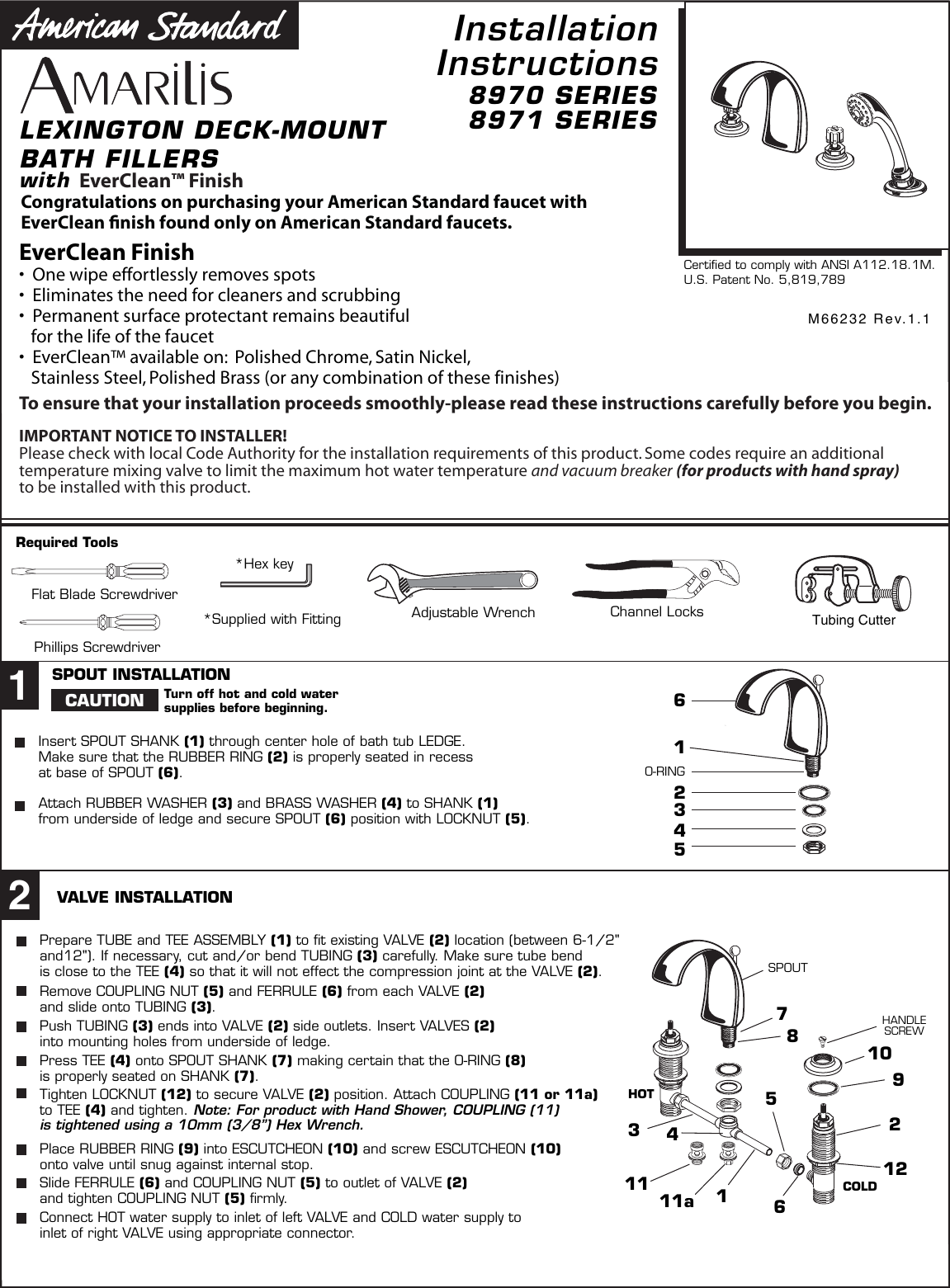 Page 1 of 2 - American-Standard American-Standard-Amarilis-Lexington-Bath-Filler-8971-Series-Users-Manual- Lexington_8970_8971  American-standard-amarilis-lexington-bath-filler-8971-series-users-manual