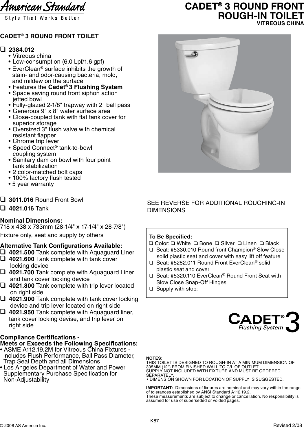 Page 1 of 2 - American-Standard American-Standard-Cadet-3-Round-Front-Rough-In-Toilet-2384-012-Users-Manual-  American-standard-cadet-3-round-front-rough-in-toilet-2384-012-users-manual