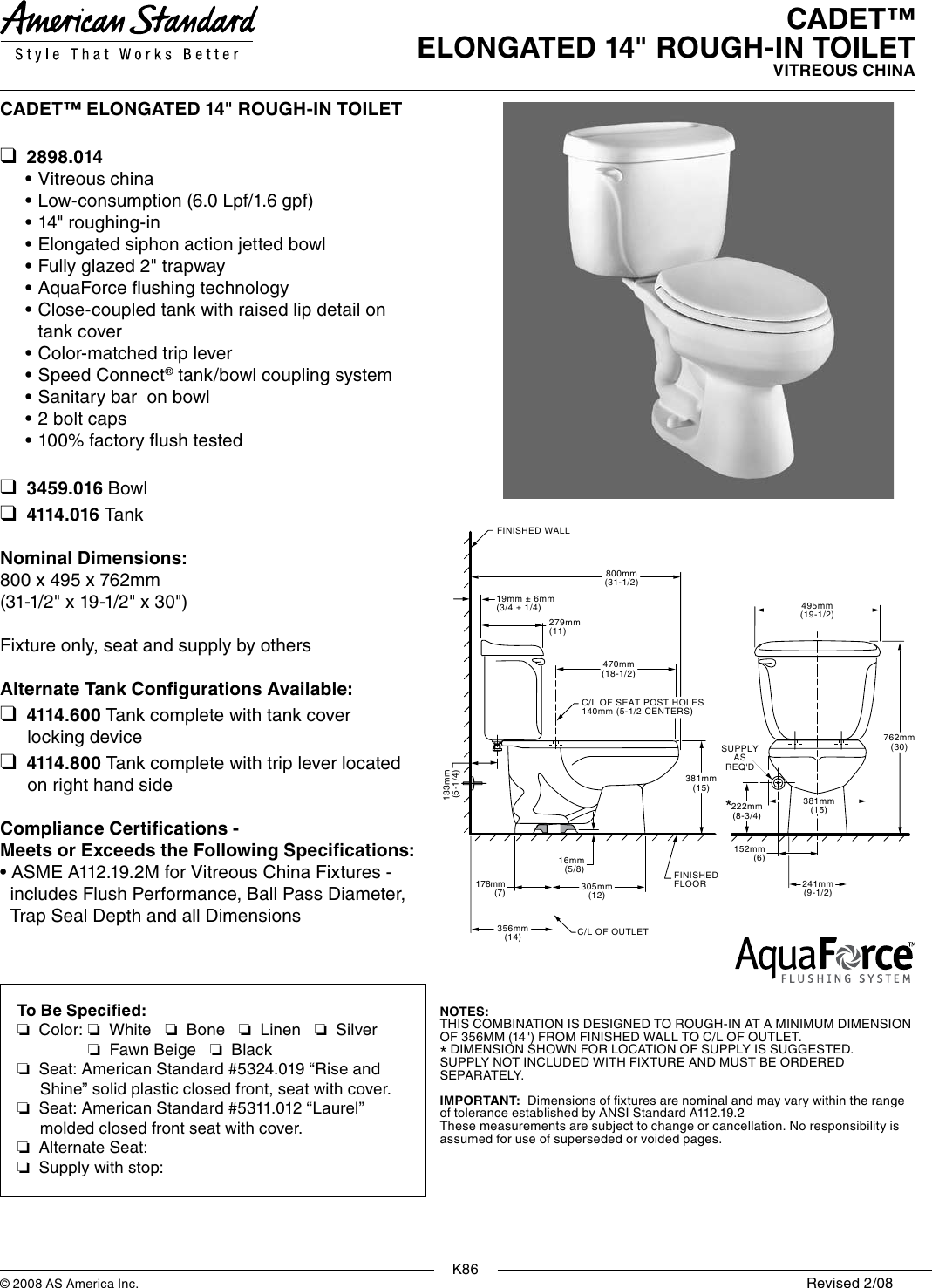 Page 1 of 1 - American-Standard American-Standard-Cadet-Elongated-14-Rough-In-Toilet-2898-014-Users-Manual-  American-standard-cadet-elongated-14-rough-in-toilet-2898-014-users-manual