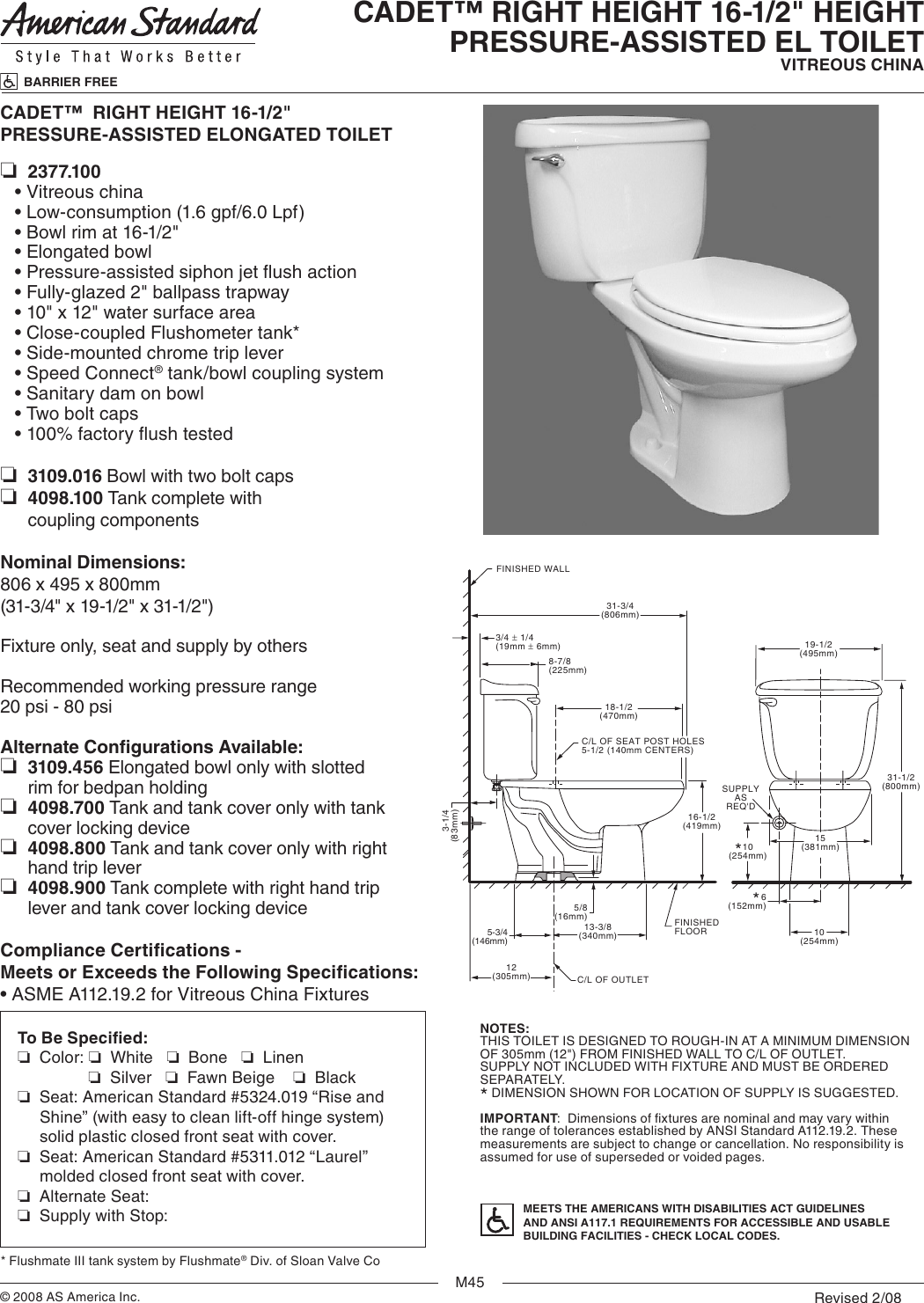 American Standard Cadet Right Height 16 1 2 Pressure Assisted El Toilet ...