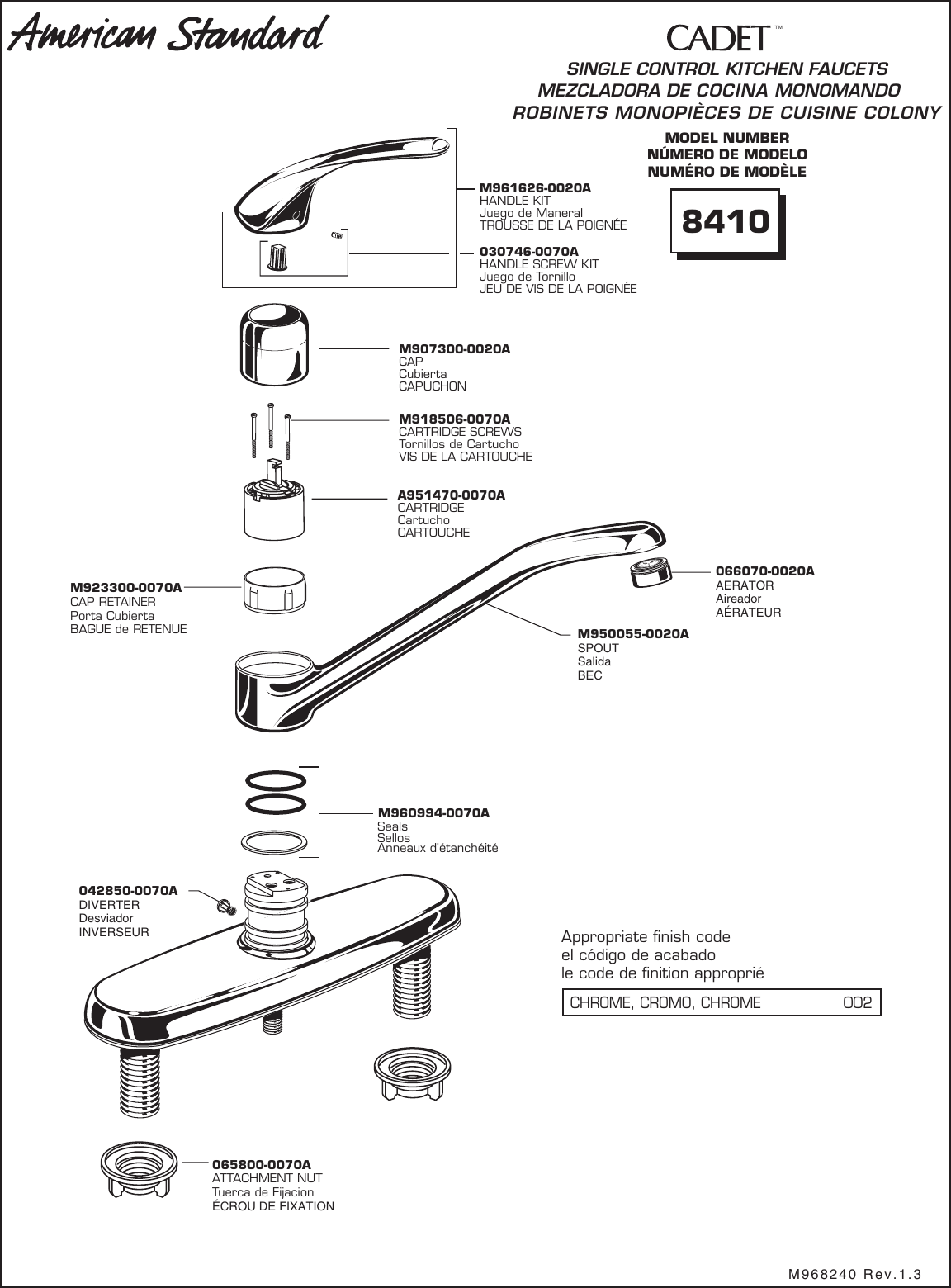 Page 1 of 2 - American-Standard American-Standard-Cadet-Single-Control-Kitchen-Faucet-8410-Users-Manual- Cadet Repairpart_8410_8411  American-standard-cadet-single-control-kitchen-faucet-8410-users-manual