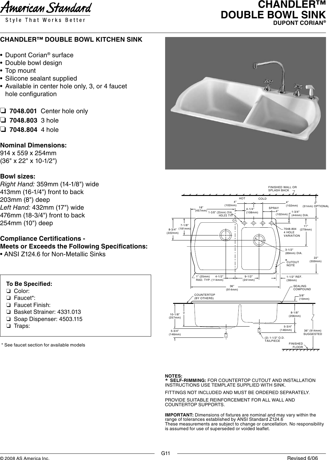 Page 1 of 1 - American-Standard American-Standard-Chandler-Double-Bowl-Sink-7048-001-Users-Manual-  American-standard-chandler-double-bowl-sink-7048-001-users-manual