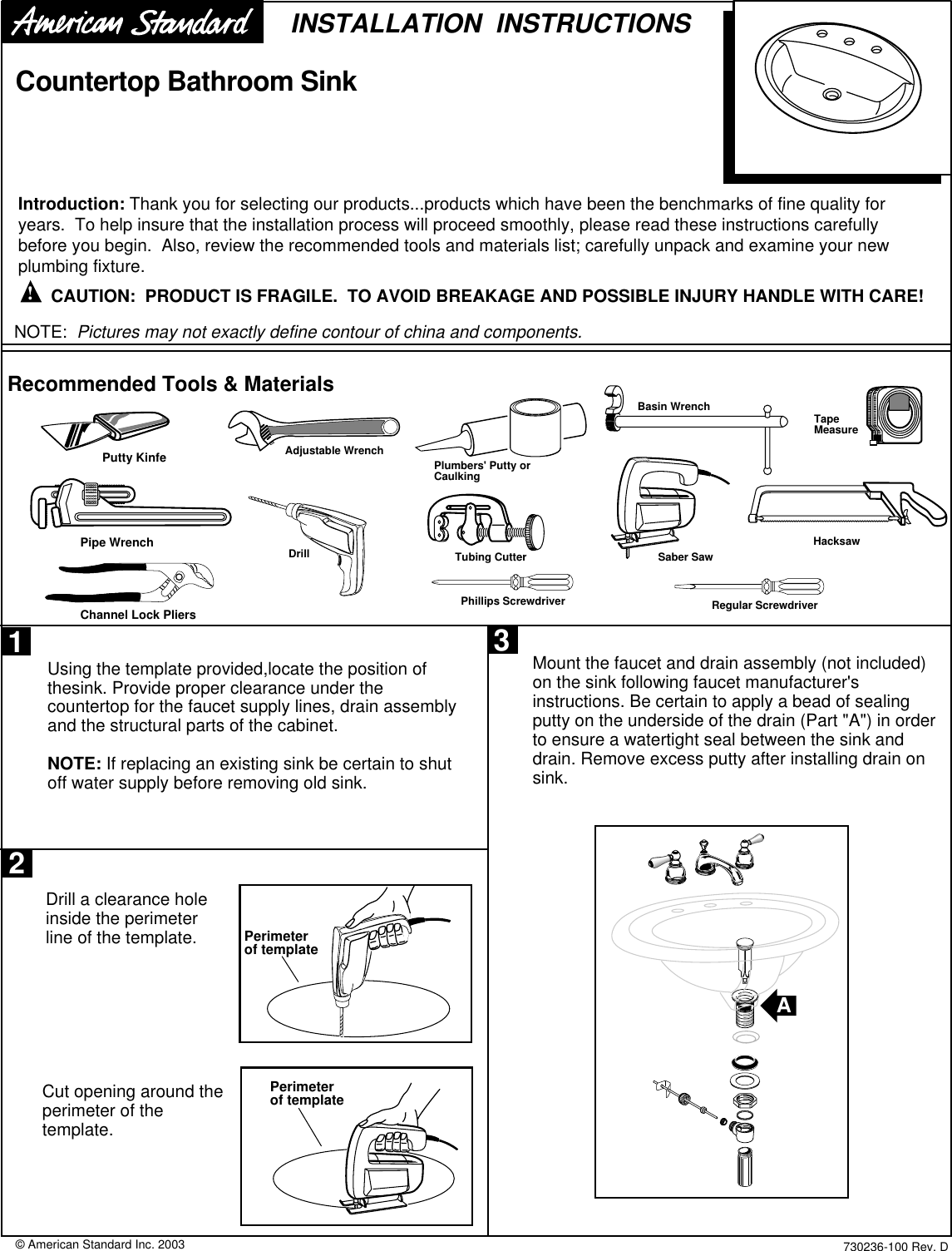 Page 1 of 2 - American-Standard American-Standard-Countertop-Bathroom-Sink-Users-Manual- 730236-100 C'top EN  American-standard-countertop-bathroom-sink-users-manual