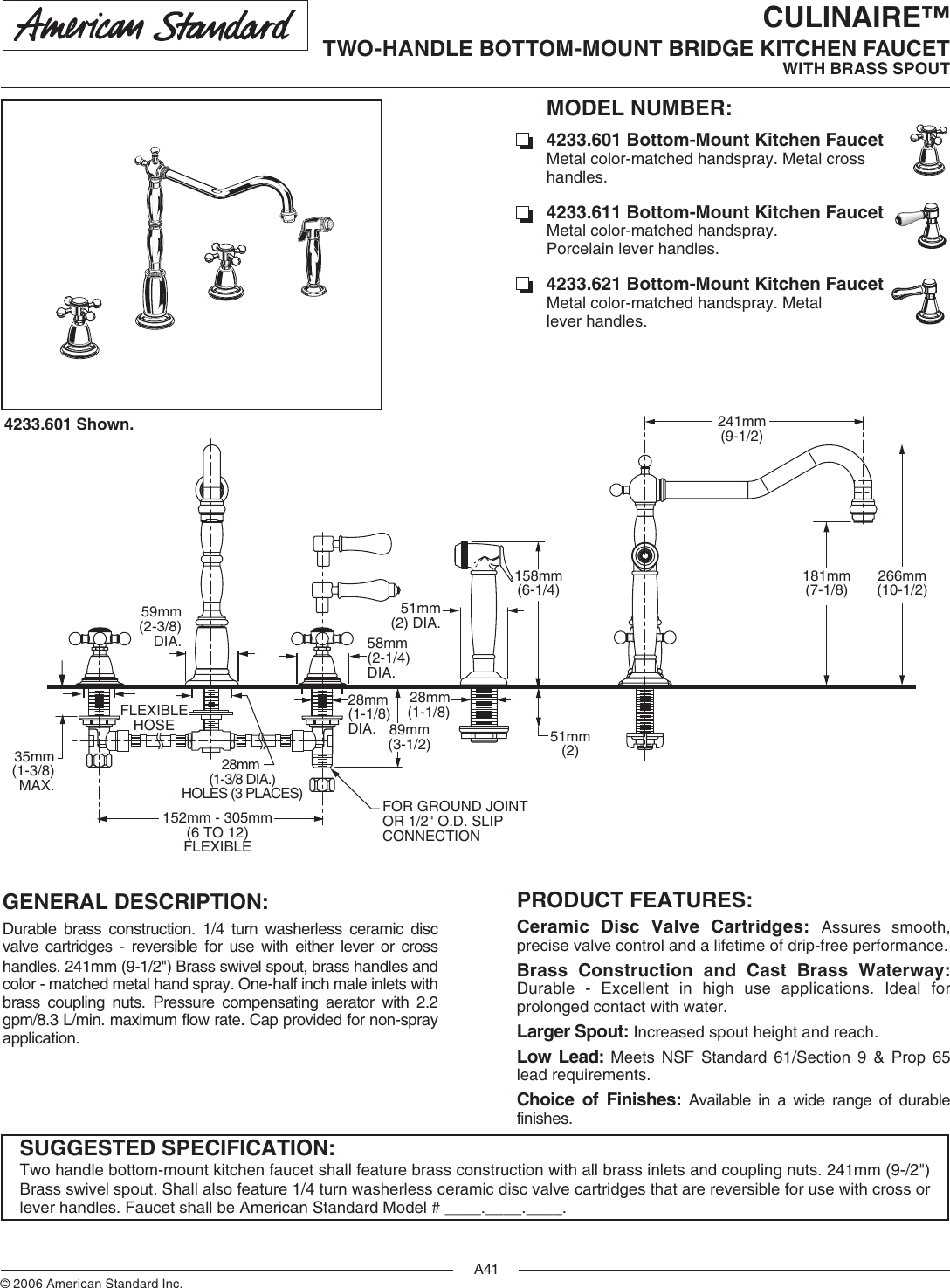 Page 1 of 2 - American-Standard American-Standard-Culinaire-4233-601-Users-Manual- 2006_spec-book.indb  American-standard-culinaire-4233-601-users-manual