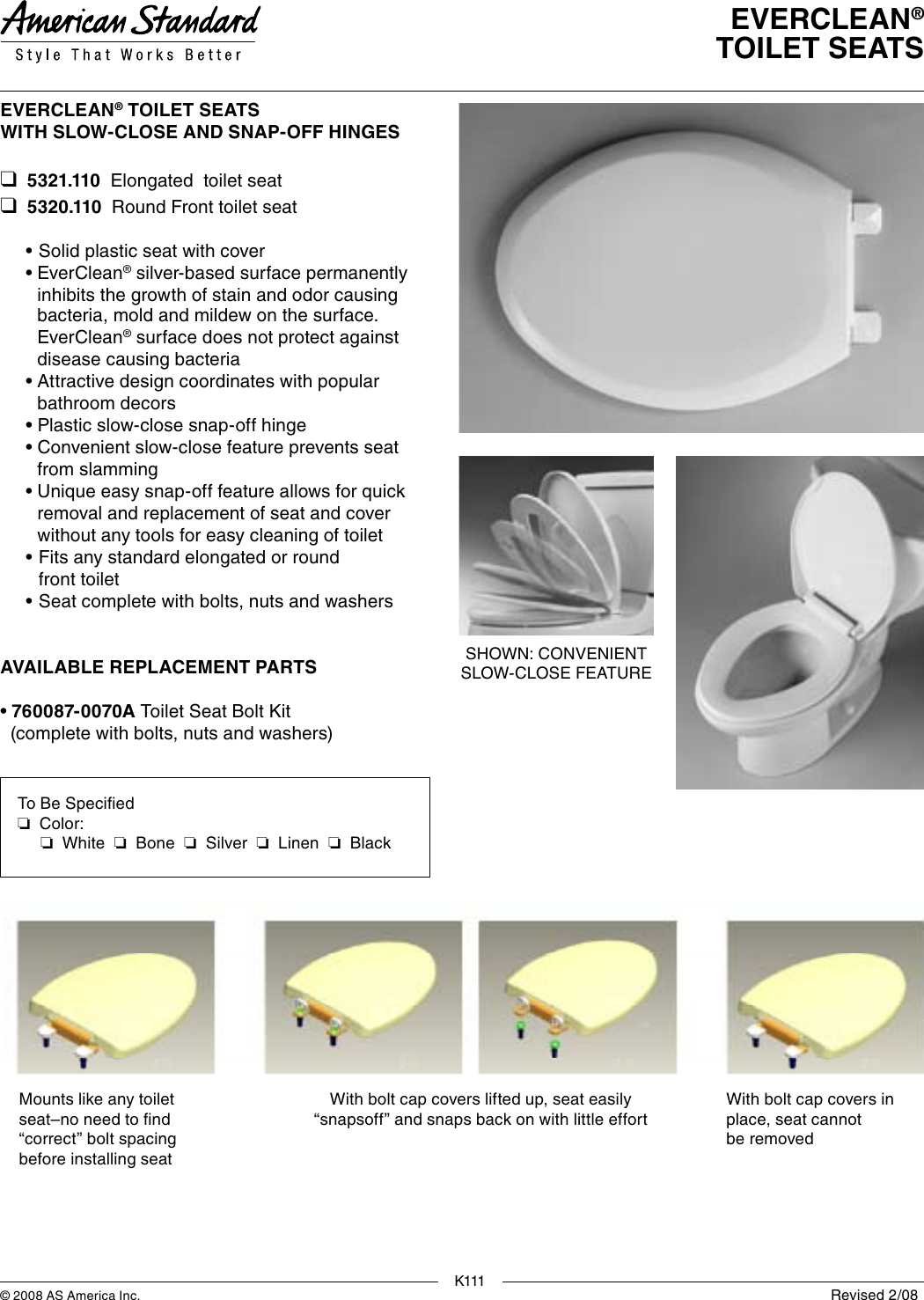 American Standard Everclean Toilet Seat 5320 110 Users Manual