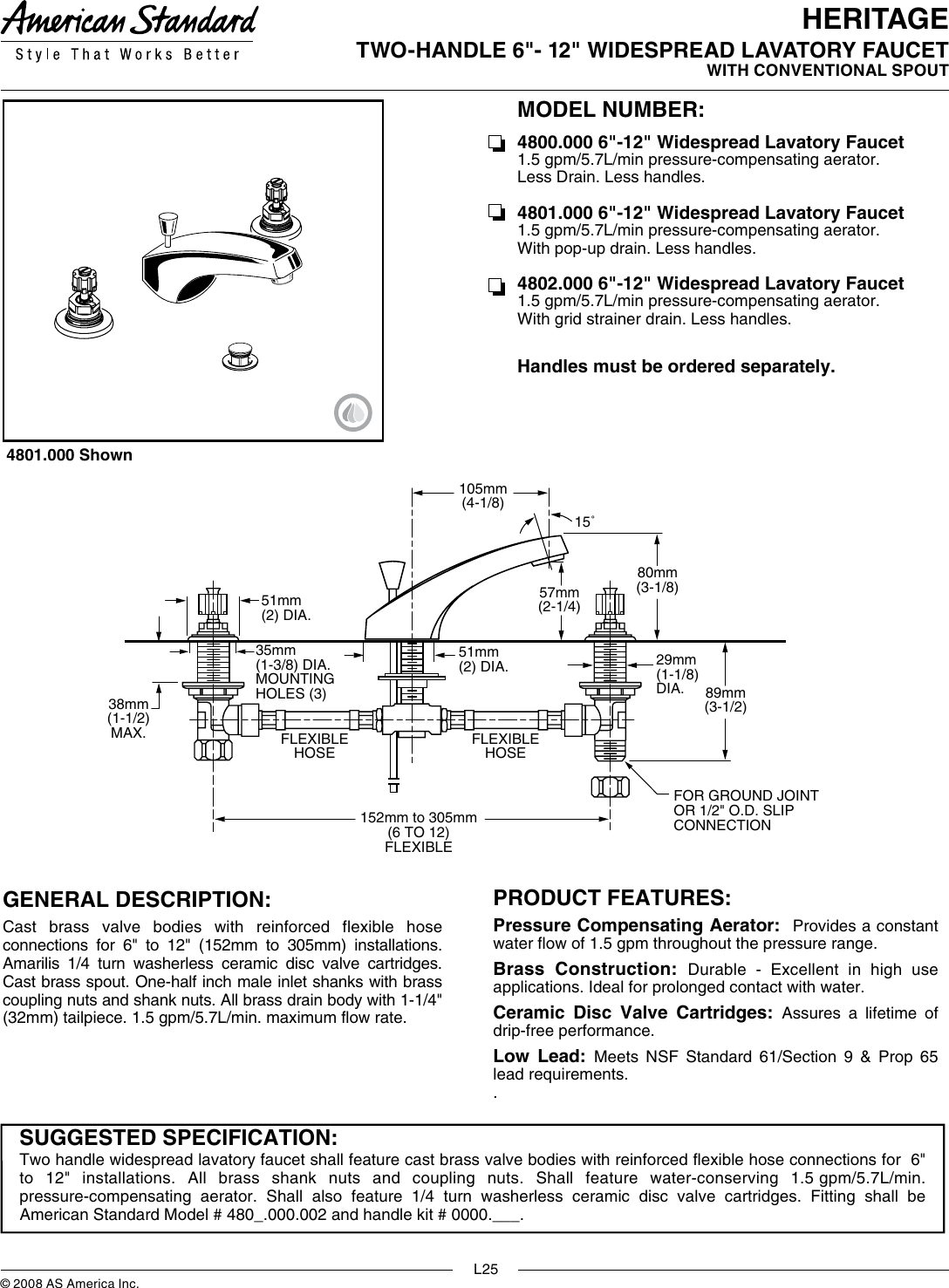 Page 1 of 2 - American-Standard American-Standard-Heritage-4800-000-Users-Manual-  American-standard-heritage-4800-000-users-manual