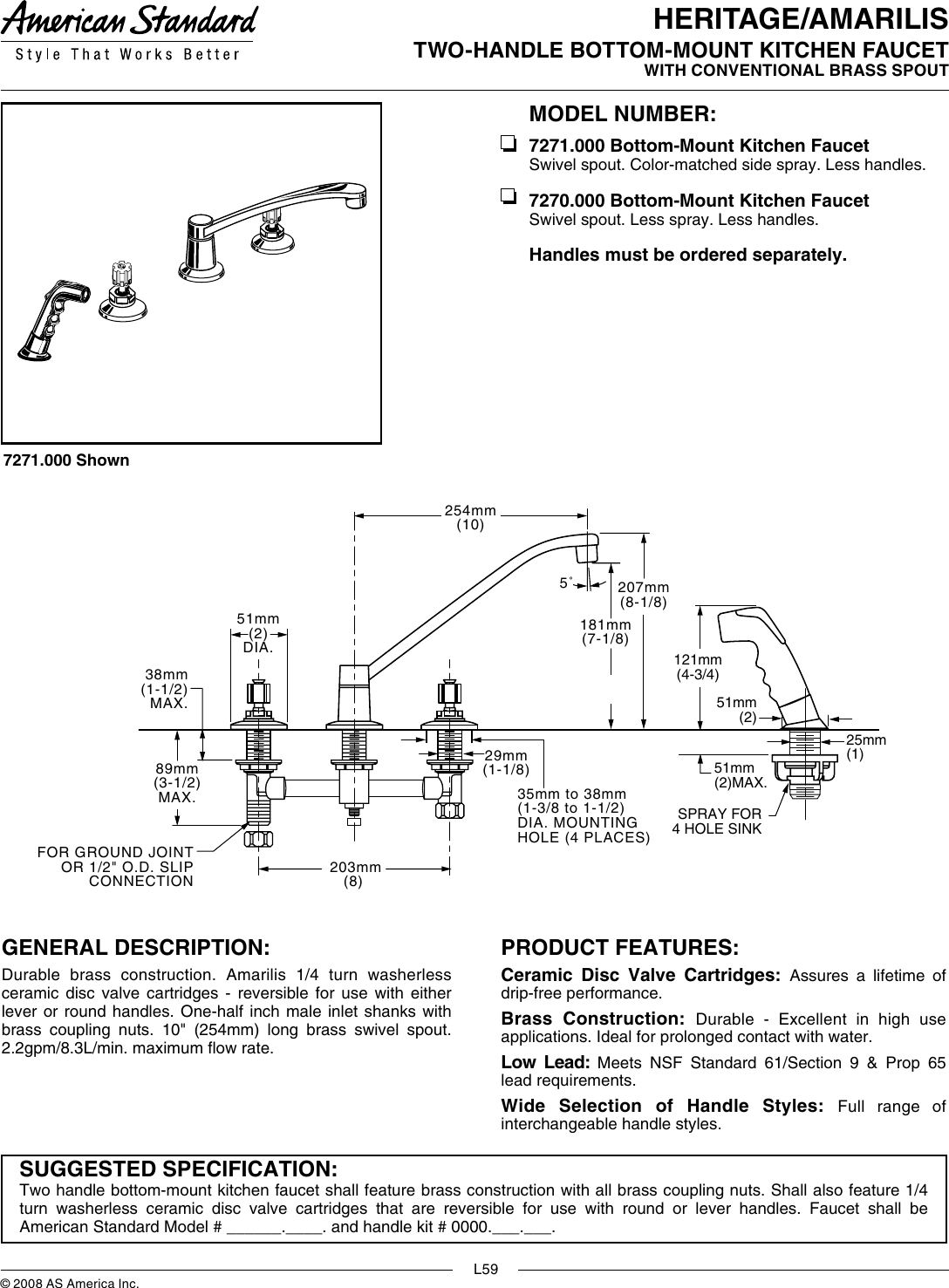 American Standard Heritage Amarilis Bottom Mount Kitchen Faucet