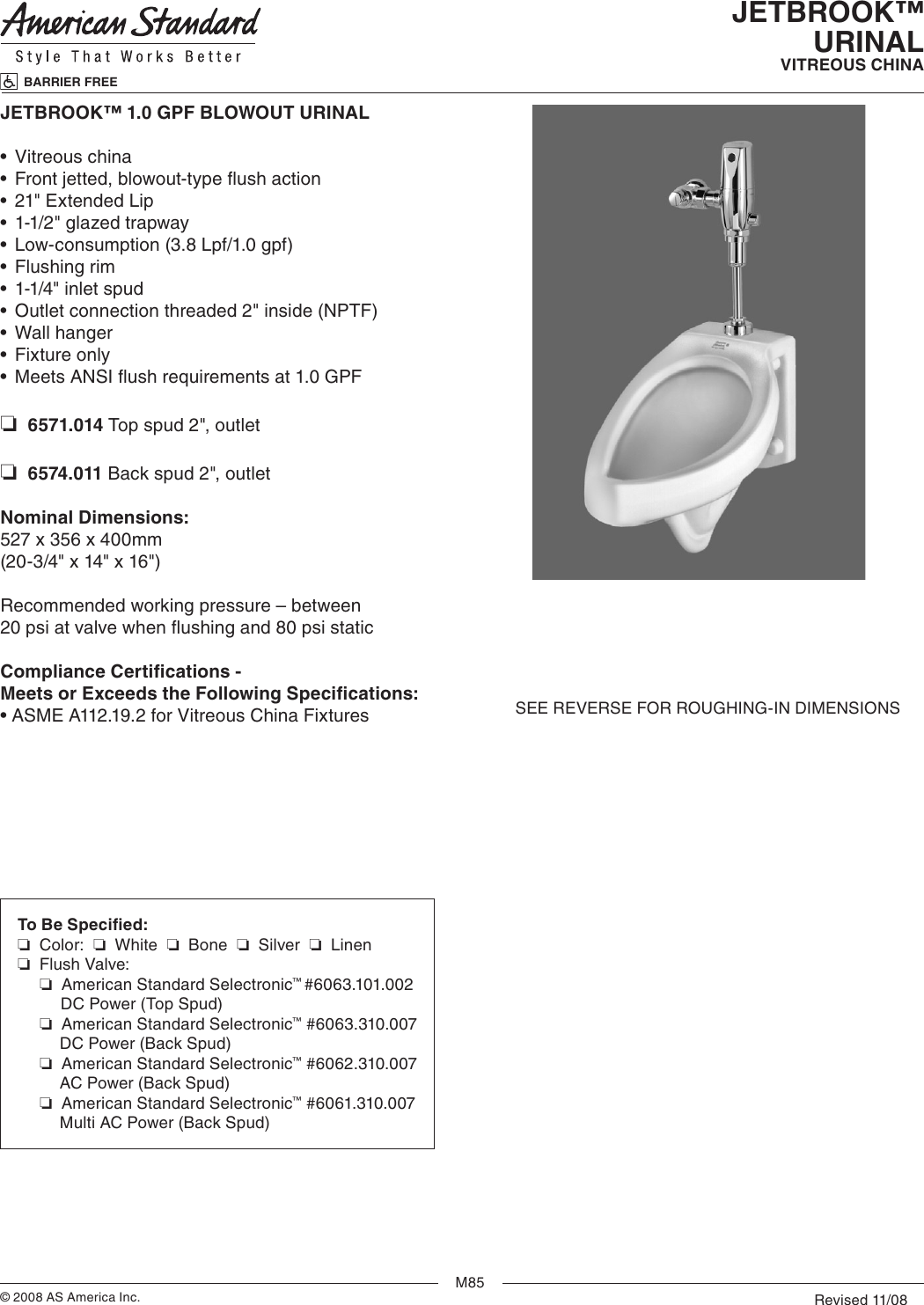 Page 1 of 2 - American-Standard American-Standard-Jetbrook-1-0-Gpf-Blowout-Urinal-6571-014-Users-Manual-  American-standard-jetbrook-1-0-gpf-blowout-urinal-6571-014-users-manual