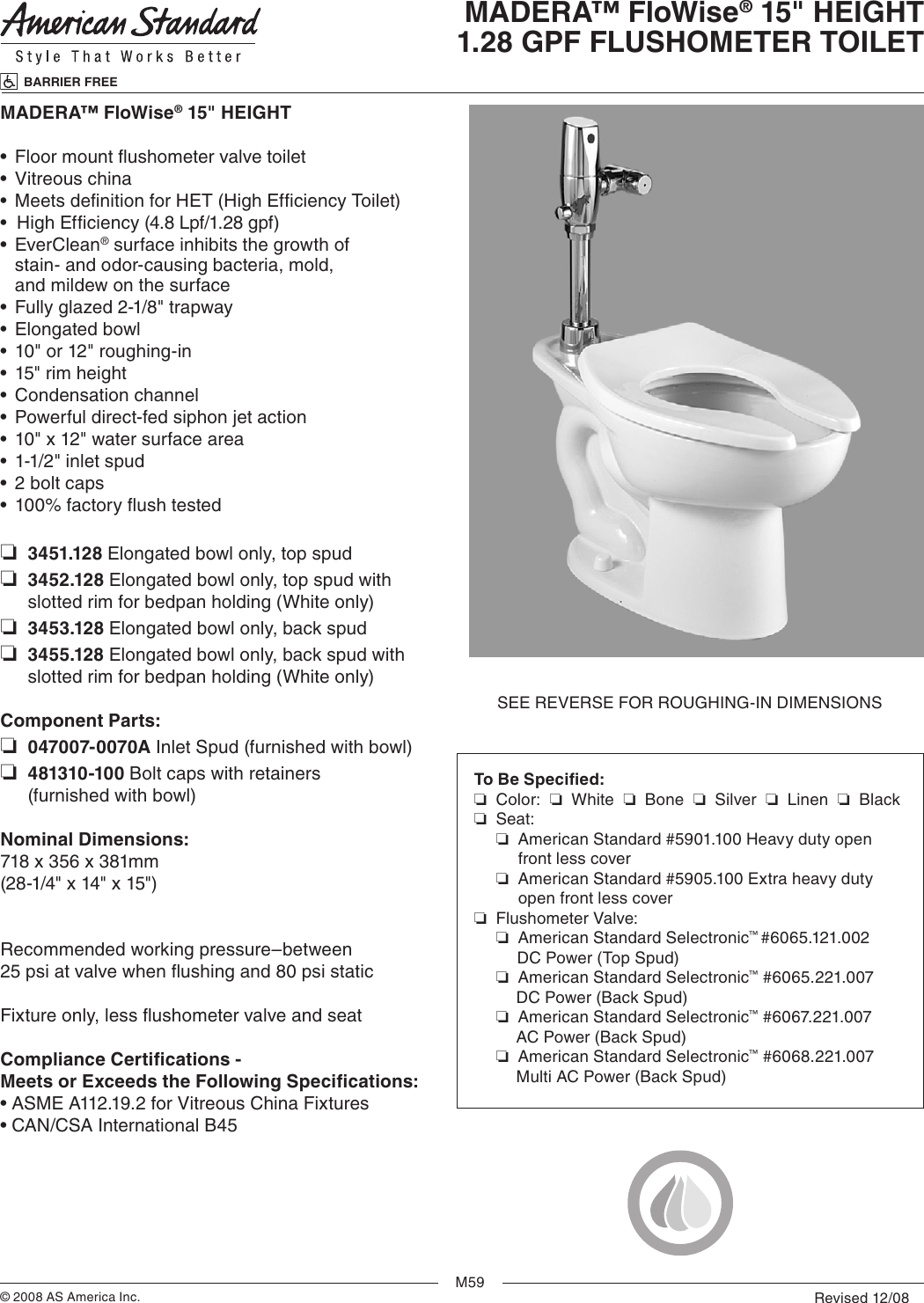 Page 1 of 2 - American-Standard American-Standard-Madera-Flowise-15-Height-1-28-Gpf-Flushometer-Toilet-3451-128-Users-Manual-  American-standard-madera-flowise-15-height-1-28-gpf-flushometer-toilet-3451-128-users-manual