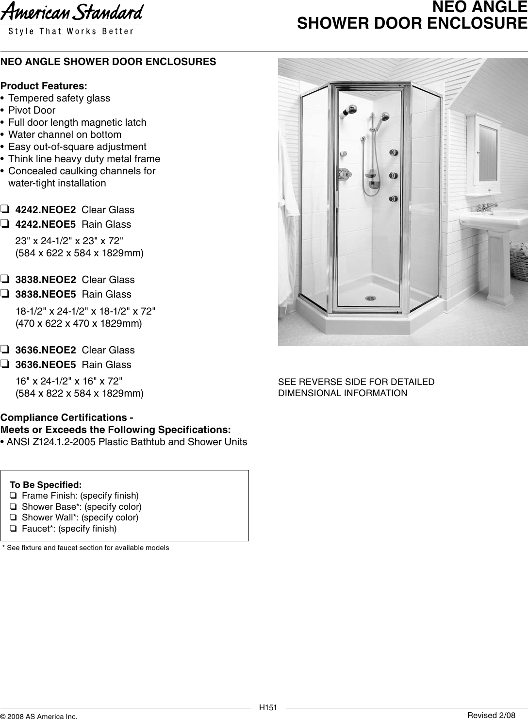 American Standard Neo Angle Shower Door Enclosure 3636 Neoe2