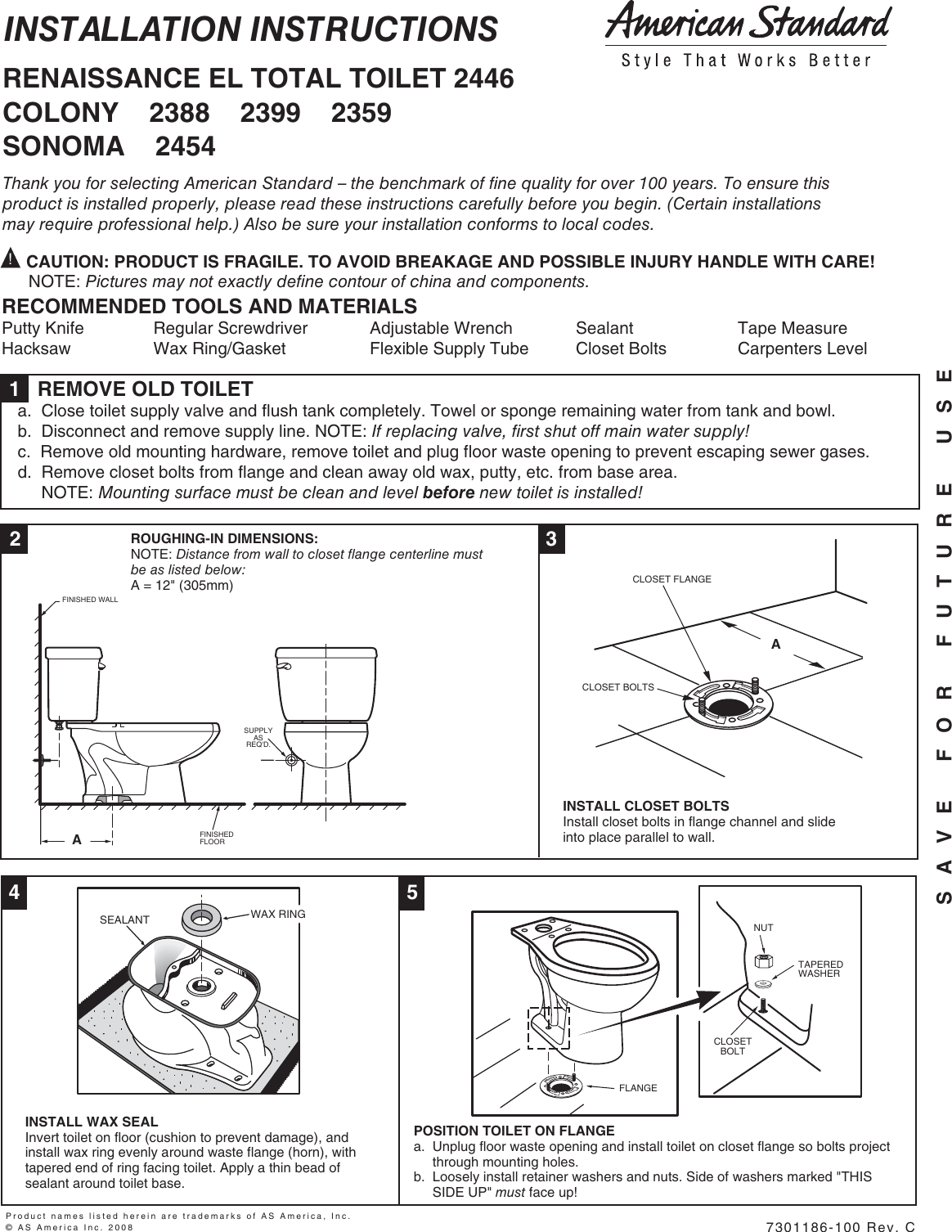 Page 1 of 5 - American-Standard American-Standard-Ranaissance-El-Total-Toilet-2446-Users-Manual- 7301186-100-ren2446_colony-en  American-standard-ranaissance-el-total-toilet-2446-users-manual