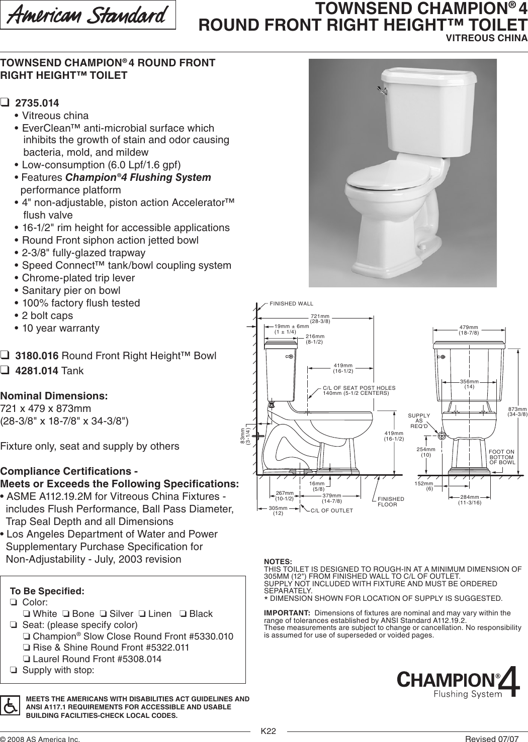 American Standard Townsend Champion 4 Round Front Height Toilet 2735 ...