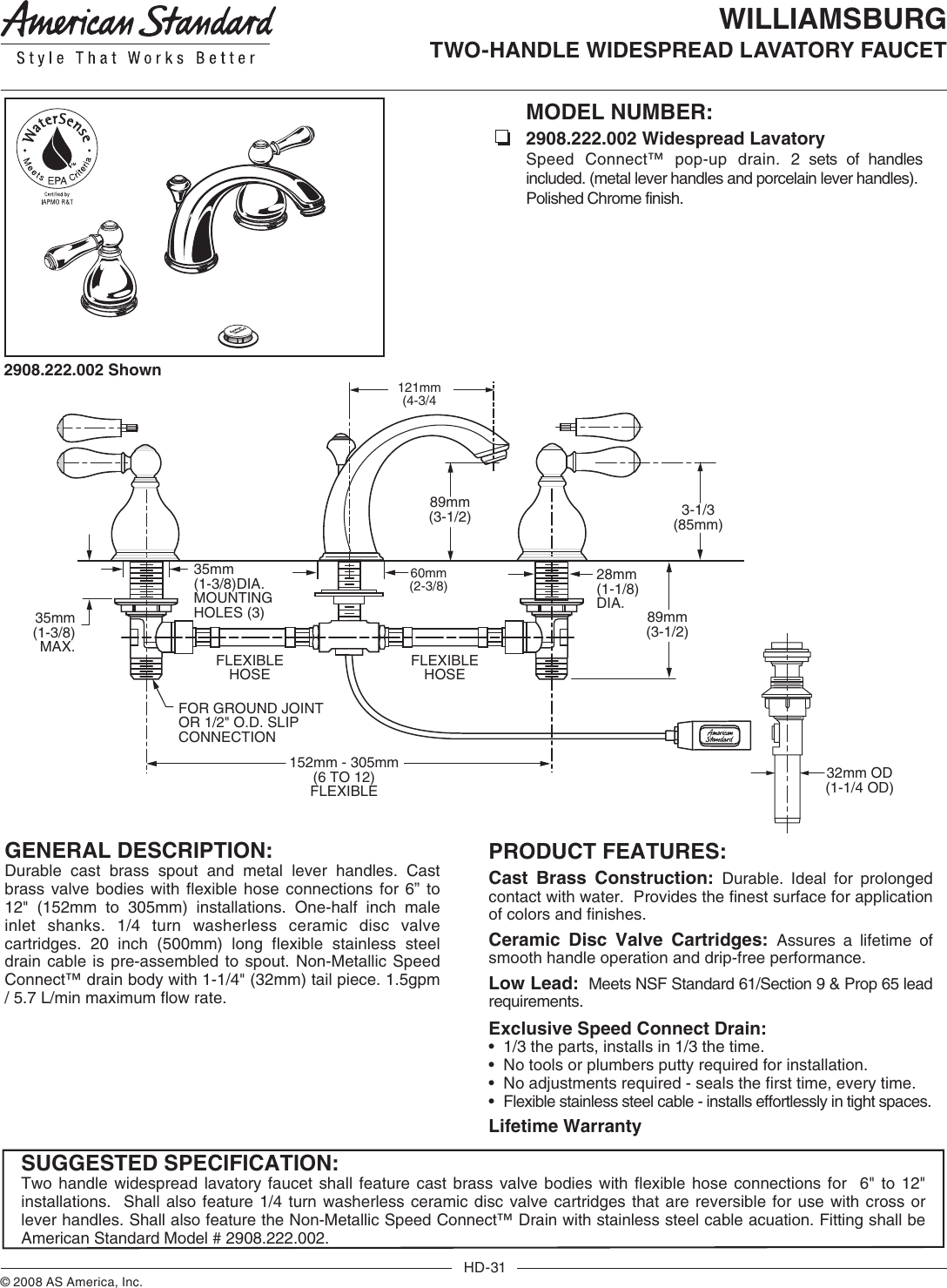 Page 1 of 2 - American-Standard American-Standard-Williamsburg-2908-222-002-Users-Manual-  American-standard-williamsburg-2908-222-002-users-manual