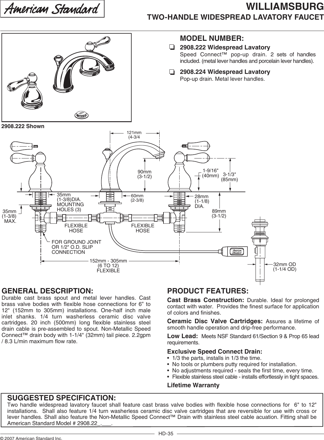 Page 1 of 2 - American-Standard American-Standard-Williamsburg-2908-22-Users-Manual-  American-standard-williamsburg-2908-22-users-manual