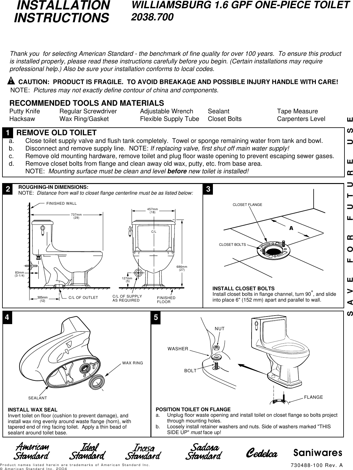 American Standard Williamsburg One Piece Elongated Toilet 2038 700