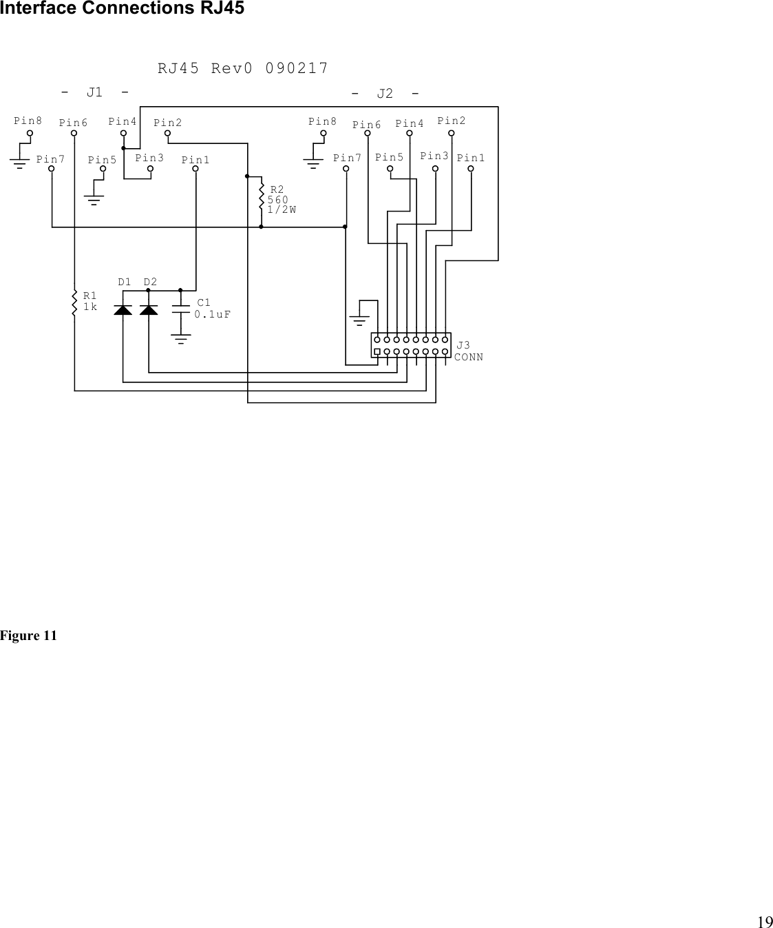 19Interface Connections RJ45  -  J1  -RJ45 Rev0 090217  -  J2  -C10.1uFD2D1J3CONNPin1Pin2Pin7 Pin5 Pin3Pin4Pin8 Pin6Pin1Pin2Pin7 Pin5 Pin3Pin4Pin6Pin81/2WR2560R11kFigure 11