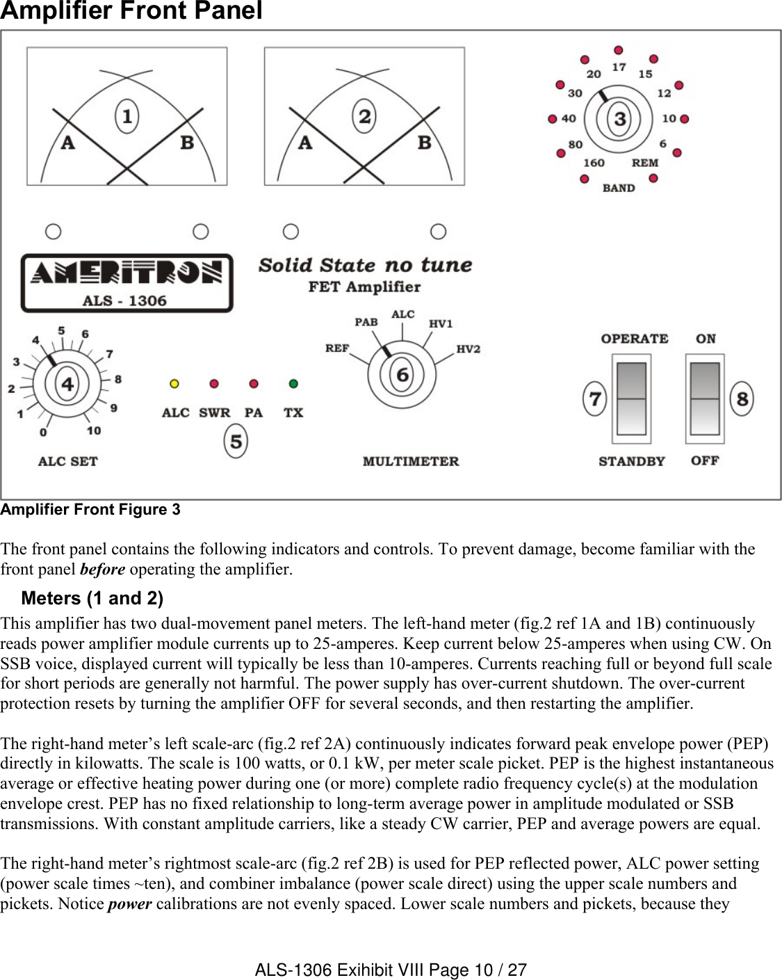 Amplifier Front PanelAmplifier Front Figure 3 The front panel contains the following indicators and controls. To prevent damage, become familiar with the front panel before operating the amplifier.Meters (1 and 2)This amplifier has two dual-movement panel meters. The left-hand meter (fig.2 ref 1A and 1B) continuously reads power amplifier module currents up to 25-amperes. Keep current below 25-amperes when using CW. On SSB voice, displayed current will typically be less than 10-amperes. Currents reaching full or beyond full scale for short periods are generally not harmful. The power supply has over-current shutdown. The over-current protection resets by turning the amplifier OFF for several seconds, and then restarting the amplifier.The right-hand meter’s left scale-arc (fig.2 ref 2A) continuously indicates forward peak envelope power (PEP) directly in kilowatts. The scale is 100 watts, or 0.1 kW, per meter scale picket. PEP is the highest instantaneous average or effective heating power during one (or more) complete radio frequency cycle(s) at the modulation envelope crest. PEP has no fixed relationship to long-term average power in amplitude modulated or SSB transmissions. With constant amplitude carriers, like a steady CW carrier, PEP and average powers are equal.The right-hand meter’s rightmost scale-arc (fig.2 ref 2B) is used for PEP reflected power, ALC power setting (power scale times ~ten), and combiner imbalance (power scale direct) using the upper scale numbers and pickets. Notice power calibrations are not evenly spaced. Lower scale numbers and pickets, because they ALS-1306 Exihibit VIII Page 10 / 27