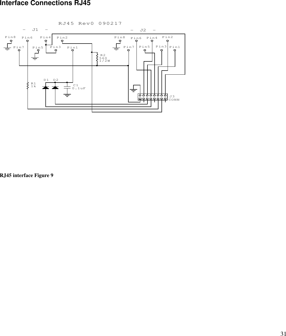 31Interface Connections RJ45RJ45 interface Figure 9  -  J1  -RJ45 Rev0 090217  -  J2  -C10.1uFD2D1J3CONNPin1Pin2Pin7 Pin5 Pin3Pin4Pin8 Pin6Pin1Pin2Pin7 Pin5 Pin3Pin4Pin6Pin81/2WR2560R11k