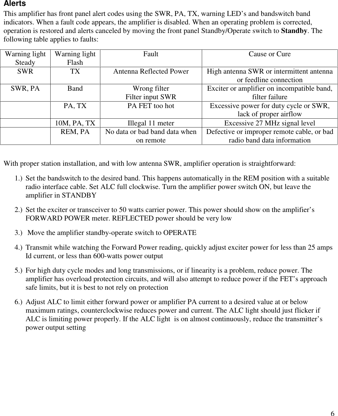 6AlertsThis amplifier has front panel alert codes using the SWR, PA, TX, warning LED’s and bandswitch bandindicators. When a fault code appears, the amplifier is disabled. When an operating problem is corrected,operation is restored and alerts canceled by moving the front panel Standby/Operate switch to Standby. Thefollowing table applies to faults:Warning lightSteadyWarning lightFlashFaultCause or CureSWRTXAntenna Reflected PowerHigh antenna SWR or intermittent antennaor feedline connectionSWR, PABandWrong filterFilter input SWRExciter or amplifier on incompatible band,filter failurePA, TXPA FET too hotExcessive power for duty cycle or SWR,lack of proper airflow10M, PA, TXIllegal 11 meterExcessive 27 MHz signal levelREM, PANo data or bad band data whenon remoteDefective or improper remote cable, or badradio band data informationWith proper station installation, and with low antenna SWR, amplifier operation is straightforward:1.) Set the bandswitch to the desired band. This happens automatically in the REM position with a suitableradio interface cable. Set ALC full clockwise. Turn the amplifier power switch ON, but leave theamplifier in STANDBY2.) Set the exciter or transceiver to 50 watts carrier power. This power should show on the amplifier’sFORWARD POWER meter. REFLECTED power should be very low3.) Move the amplifier standby-operate switch to OPERATE4.) Transmit while watching the Forward Power reading, quickly adjust exciter power for less than 25 ampsId current, or less than 600-watts power output5.) For high duty cycle modes and long transmissions, or if linearity is a problem, reduce power. Theamplifier has overload protection circuits, and will also attempt to reduce power if the FET’s approachsafe limits, but it is best to not rely on protection6.) Adjust ALC to limit either forward power or amplifier PA current to a desired value at or belowmaximum ratings, counterclockwise reduces power and current. The ALC light should just flicker ifALC is limiting power properly. If the ALC light  is on almost continuously, reduce the transmitter’spower output setting