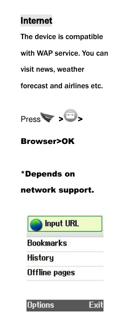  Internet The device is compatible with WAP service. You can visit news, weather forecast and airlines etc. Press   > > Browser>OK  *Depends on network support.   
