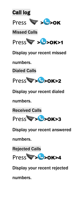  Call log Press    > >OK Missed Calls Press   > >OK>1 Display your recent missed numbers. Dialed Calls Press > >OK>2 Display your recent dialed numbers. Received Calls Press > >OK>3 Display your recent answered numbers. Rejected Calls Press > >OK>4 Display your recent rejected numbers.  