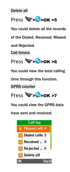  Delete all Press  > >OK >5 You could delete all the records of the Dialed, Received, Missed and Rejected. Call timers Press  > >OK >6 You could view the total calling time through this function. GPRS counter Press  > >OK >7 You could view the GPRS data have sent and received.  