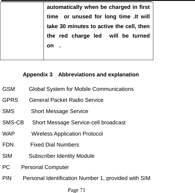   Page 71  automatically when be charged in first time  or unused for long time .It will take 30 minutes to active the cell, then the red charge led  will be turned on  .         Appendix 3    Abbreviations and explanation   GSM     Global System for Mobile Communications GPRS  General Packet Radio Service SMS      Short Message Service SMS-CB   Short Message Service-cell broadcast WAP   Wireless Application Protocol FDN      Fixed Dial Numbers  SIM      Subscriber Identity Module PC    Personal Computer  PIN    Personal Identification Number 1, provided with SIM   