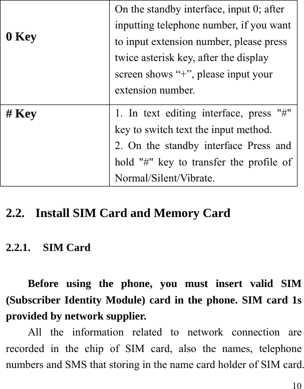  10 0 Key  On the standby interface, input 0; after inputting telephone number, if you want to input extension number, please press twice asterisk key, after the display screen shows &ldquo;+&rdquo;, please input your extension number. # Key  1. In text editing interface, press "#" key to switch text the input method. 2. On the standby interface Press and hold "#" key to transfer the profile of Normal/Silent/Vibrate. 2.2. Install SIM Card and Memory Card 2.2.1. SIM Card Before using the phone, you must insert valid SIM (Subscriber Identity Module) card in the phone. SIM card 1s provided by network supplier.   All the information related to network connection are recorded in the chip of SIM card, also the names, telephone numbers and SMS that storing in the name card holder of SIM card. 