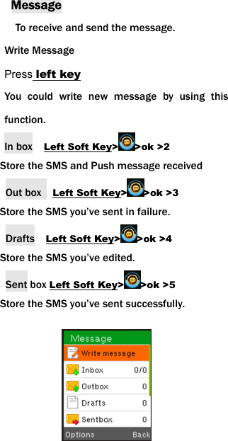 Message To receive and send the message. Write Message Press left key You could write new message by using this function.  In box    Left Soft Key>>ok >2 Store the SMS and Push message received Out box    Left Soft Key>>ok >3     Store the SMS you&rsquo;ve sent in failure. Drafts  Left Soft Key>>ok >4 Store the SMS you&rsquo;ve edited. Sent box Left Soft Key>>ok >5 Store the SMS you&rsquo;ve sent successfully.      