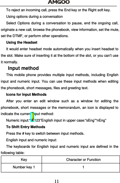  11 To reject an incoming call, press the End key or the Right soft key. Using options during a conversation Select Options during a conversation to pause, end the ongoing call, originate a new call, browse the phonebook, view information, set the mute, set the DTMF, or perform other operations. Using the Headset It would enter headset mode automatically when you insert headset to the slot. Make sure of inserting it at the bottom of the slot, or you can&rsquo;t use it normally. Input method This mobile phone provides multiple input methods, including English input and numeric input. You can use these input methods when editing the phonebook, short messages, files and greeting text. Icons for Input Methods After you enter an edit window such as a window for editing the phonebook, short messages or the memorandum, an icon is displayed to indicate the current input method: Numeric input:&ldquo; 123&rdquo;English input in upper case:&ldquo;sEng&rdquo;&ldquo;nEng&rdquo; To Shift Entry Methods Press the # key to switch between input methods. English input and numeric input: The keyboards for English input and numeric input are defined in the following table: Key  Character or Function Number key 1  1 