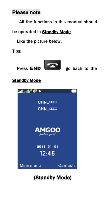 Please noteAll the functions in this manual shouldbe operated in Standby ModeLike the picture below.Tips:Press END go back to theStandby Mode(Standby Mode)