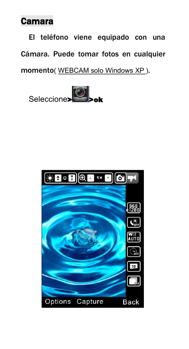 CamaraEl tel&eacute;fono viene equipado con unaC&aacute;mara. Puede tomar fotos en cualquiermomento( WEBCAM solo Windows XP ).Seleccione> >ok