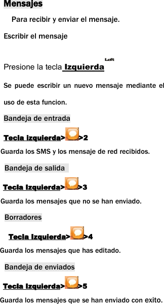 MensajesPara recibir y enviar el mensaje.Escribir el mensajePresione la tecla IzquierdaLeftSe puede escribir un nuevo mensaje mediante eluso de esta funcion.Bandeja de entradaTecla izquierda> >2Guarda los SMS y los mensaje de red recibidos.Bandeja de salidaTecla Izquierda> >3Guarda los mensajes que no se han enviado.BorradoresTecla Izquierda> >4Guarda los mensajes que has editado.Bandeja de enviadosTecla Izquierda> >5Guarda los mensajes que se han enviado con exito.