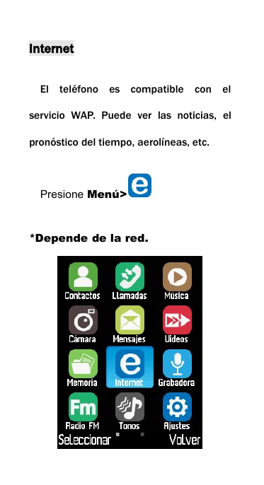 InternetEl tel&eacute;fono es compatible con elservicio WAP. Puede ver las noticias, elpron&oacute;stico del tiempo, aerol&iacute;neas, etc.Presione Men&uacute;>*Depende de la red.