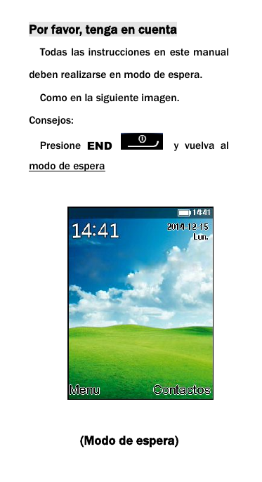 Por favor, tenga en cuentaTodas las instrucciones en este manualdeben realizarse en modo de espera.Como en la siguiente imagen.Consejos:Presione END y vuelva almodo de espera(Modo de espera)
