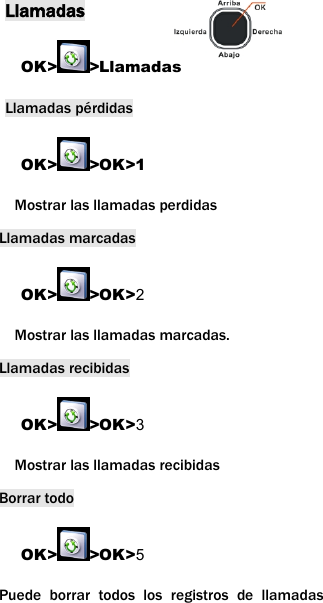 LlamadasOK> >LlamadasLlamadas p&eacute;rdidasOK> >OK>1Mostrar las llamadas perdidasLlamadas marcadasOK> >OK>2Mostrar las llamadas marcadas.Llamadas recibidasOK> >OK>3Mostrar las llamadas recibidasBorrar todoOK> >OK>5Puede borrar todos los registros de llamadas