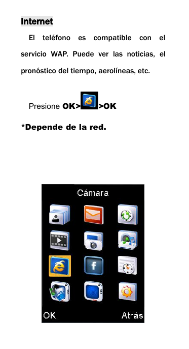 InternetEl tel&eacute;fono es compatible con elservicio WAP. Puede ver las noticias, elpron&oacute;stico del tiempo, aerol&iacute;neas, etc.Presione OK> >OK*Depende de la red.