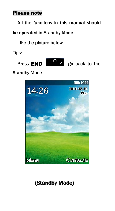 Please noteAll the functions in this manual shouldbe operated in Standby Mode.Like the picture below.Tips:Press END go back to theStandby Mode(Standby Mode)