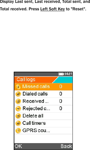 Display Last sent, Last received, Total sent, andTotal received. Press Left Soft Key to "Reset".