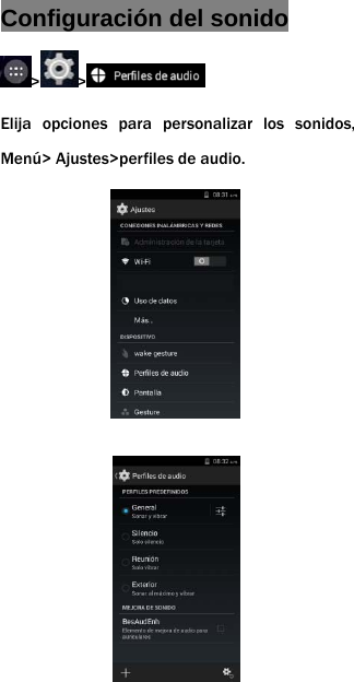 Configuraci&oacute;n del sonido > > Elija opciones para personalizar los sonidos, Men&uacute;> Ajustes>perfiles de audio.                